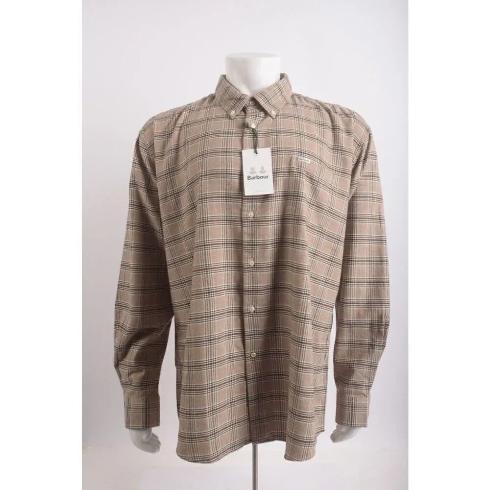 Barbour Mens Oxford Shirt Bowburn 2XL XXL Brown Tan Plaid NWT